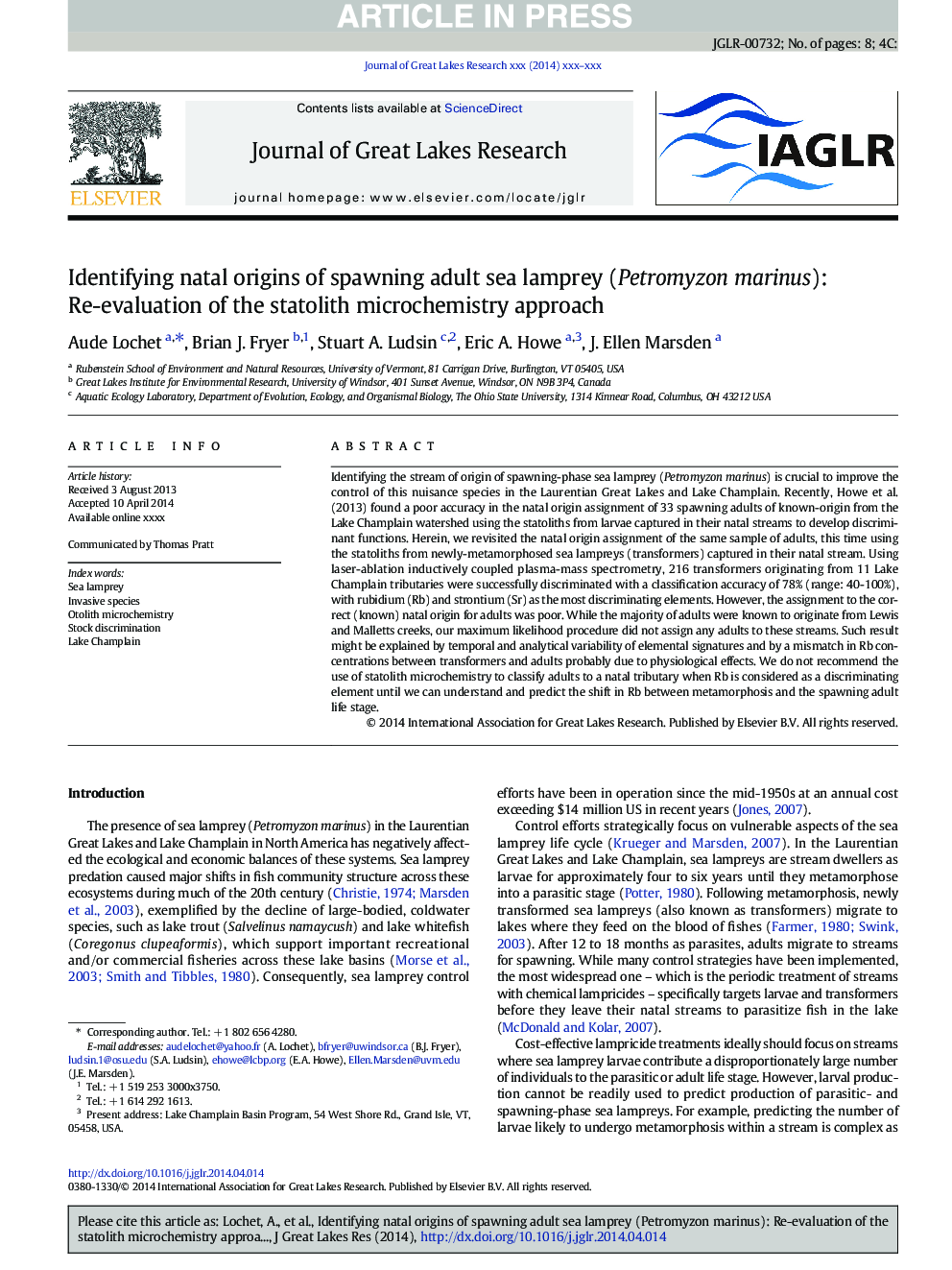 Identifying natal origins of spawning adult sea lamprey (Petromyzon marinus): Re-evaluation of the statolith microchemistry approach