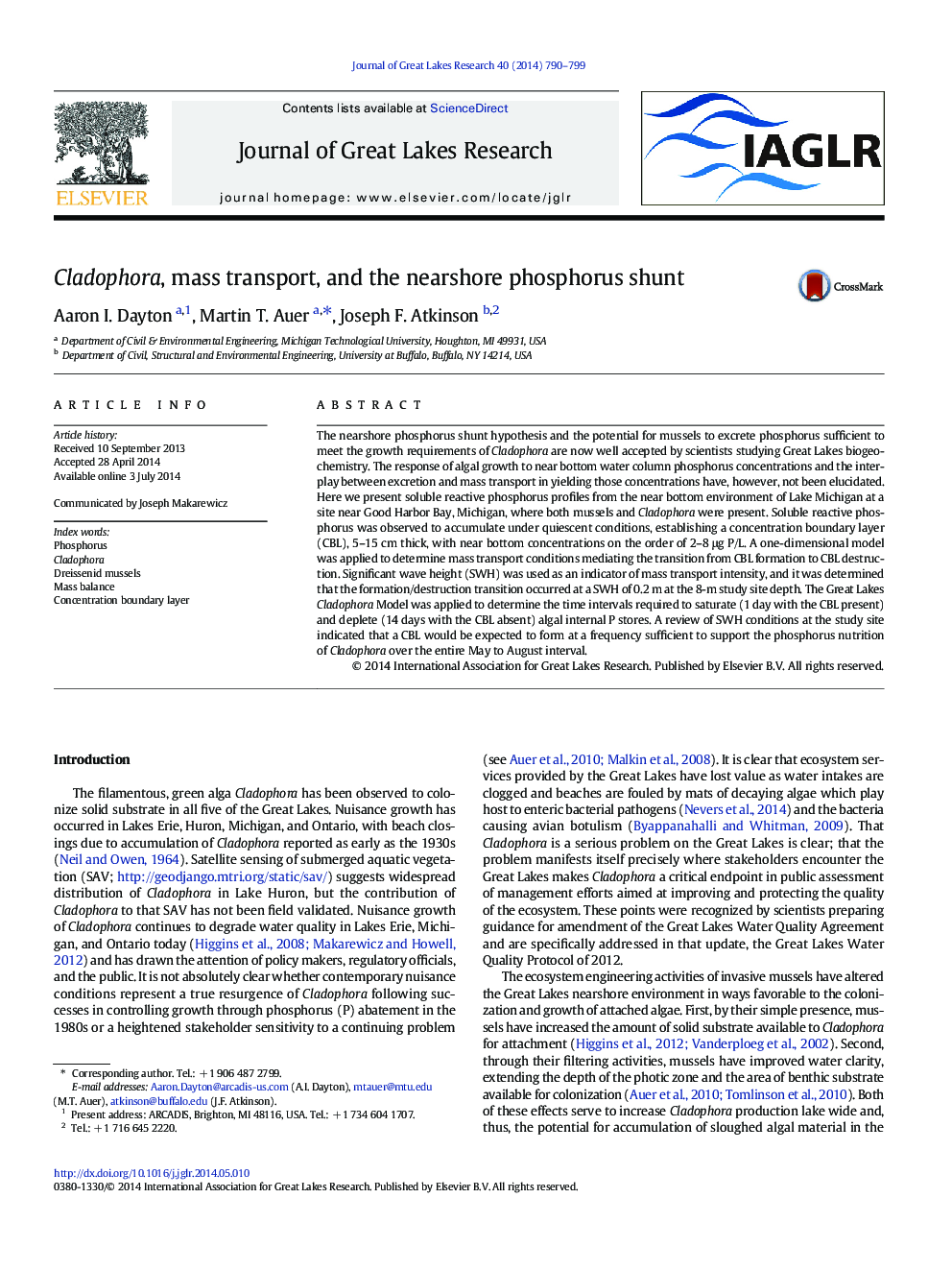 Cladophora, mass transport, and the nearshore phosphorus shunt