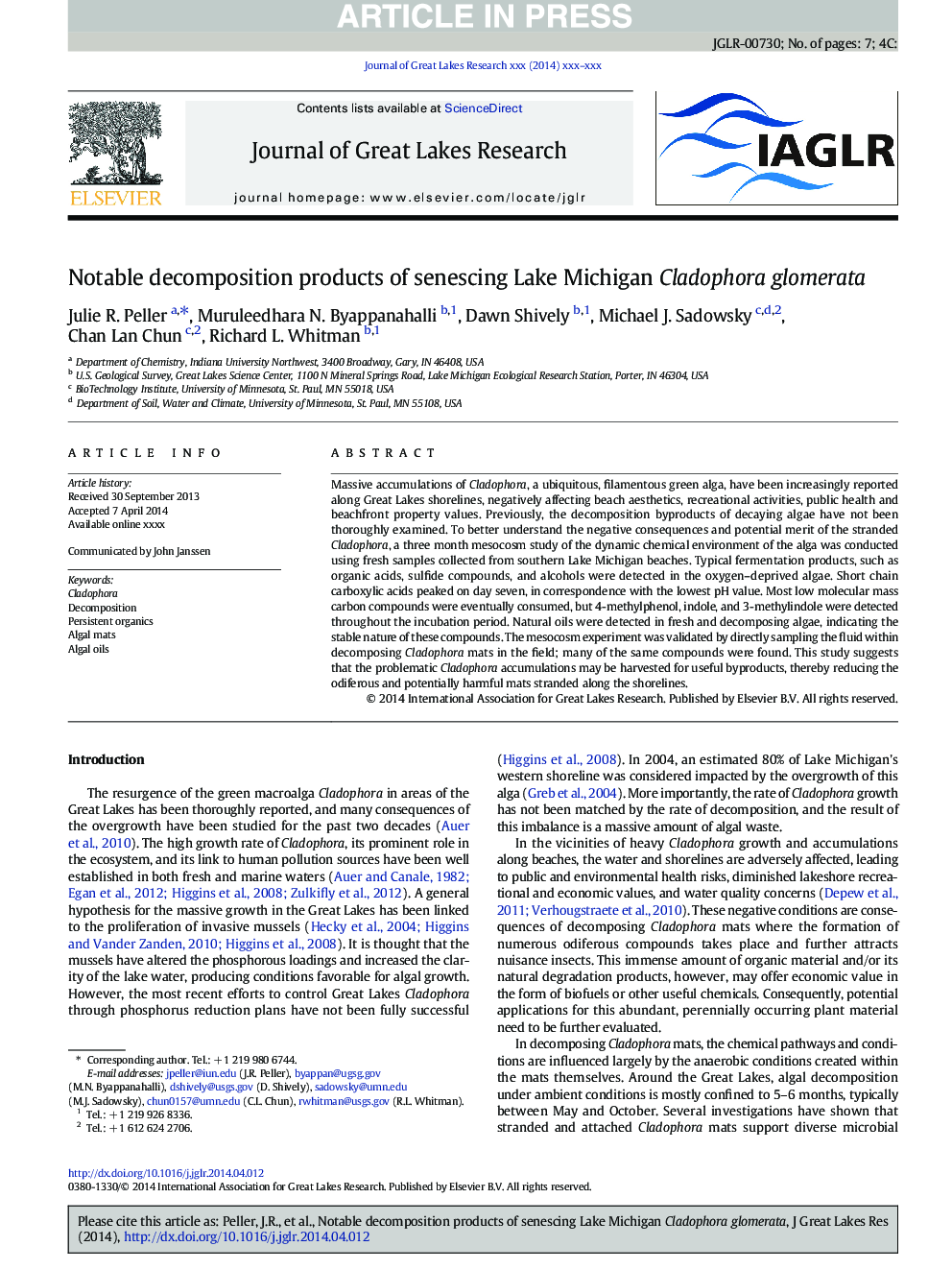 Notable decomposition products of senescing Lake Michigan Cladophora glomerata