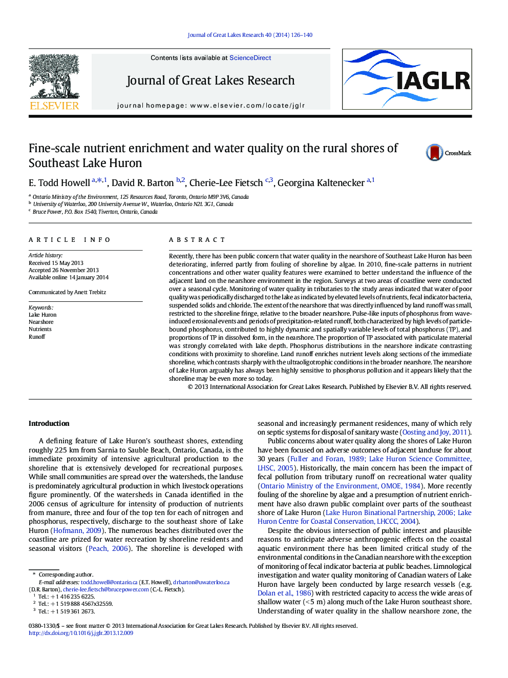 Fine-scale nutrient enrichment and water quality on the rural shores of Southeast Lake Huron