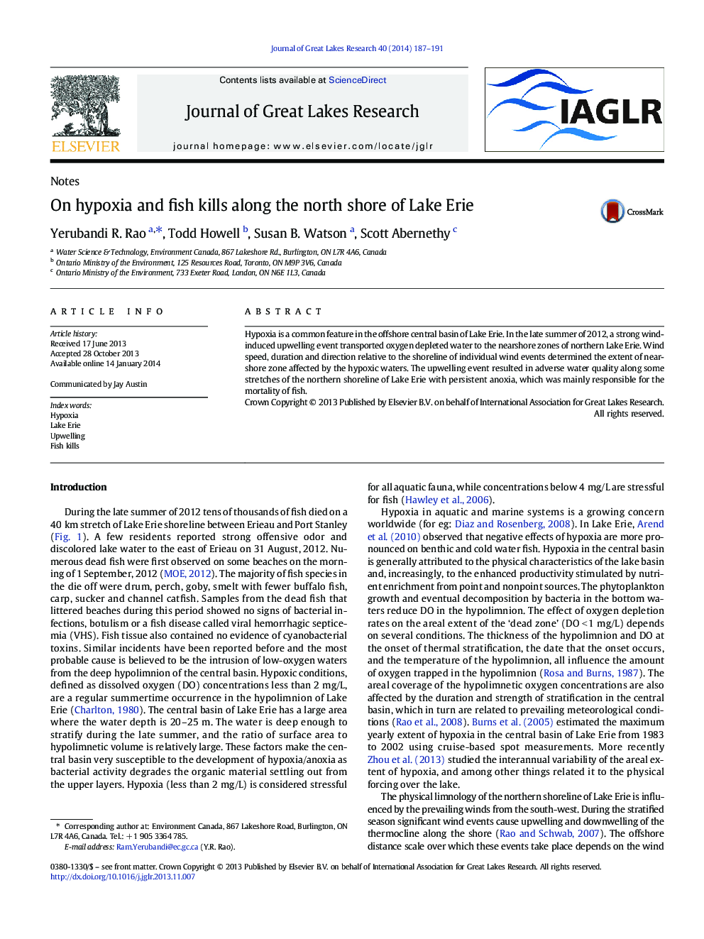 On hypoxia and fish kills along the north shore of Lake Erie