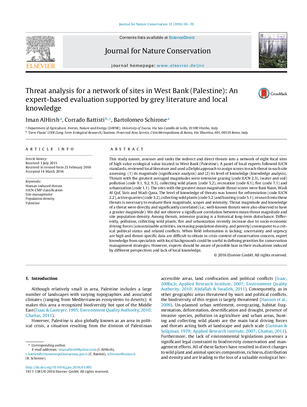 Threat analysis for a network of sites in West Bank (Palestine): An expert-based evaluation supported by grey literature and local knowledge