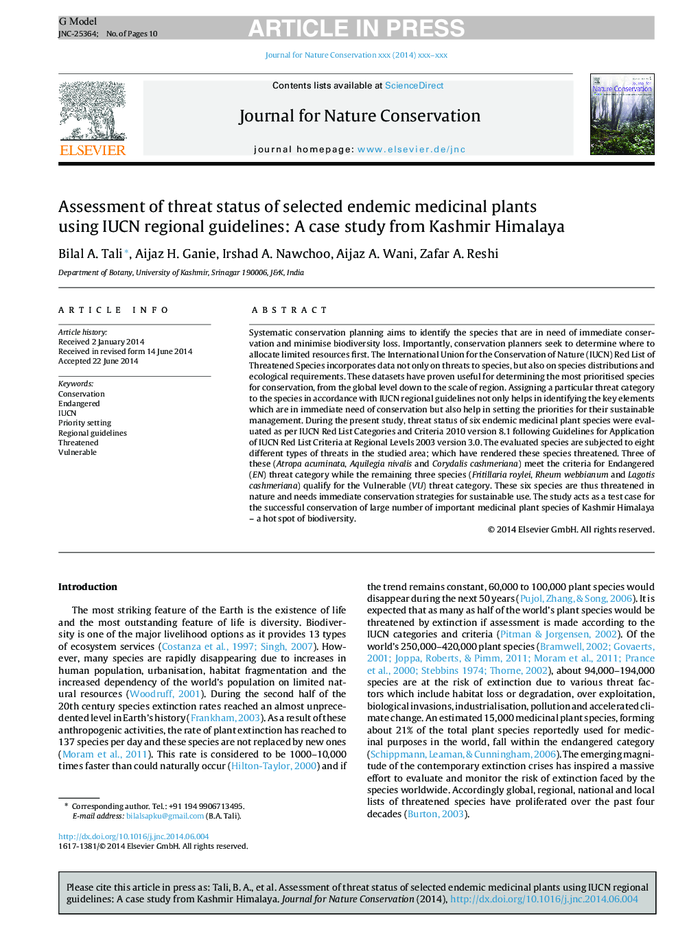 Assessment of threat status of selected endemic medicinal plants using IUCN regional guidelines: A case study from Kashmir Himalaya