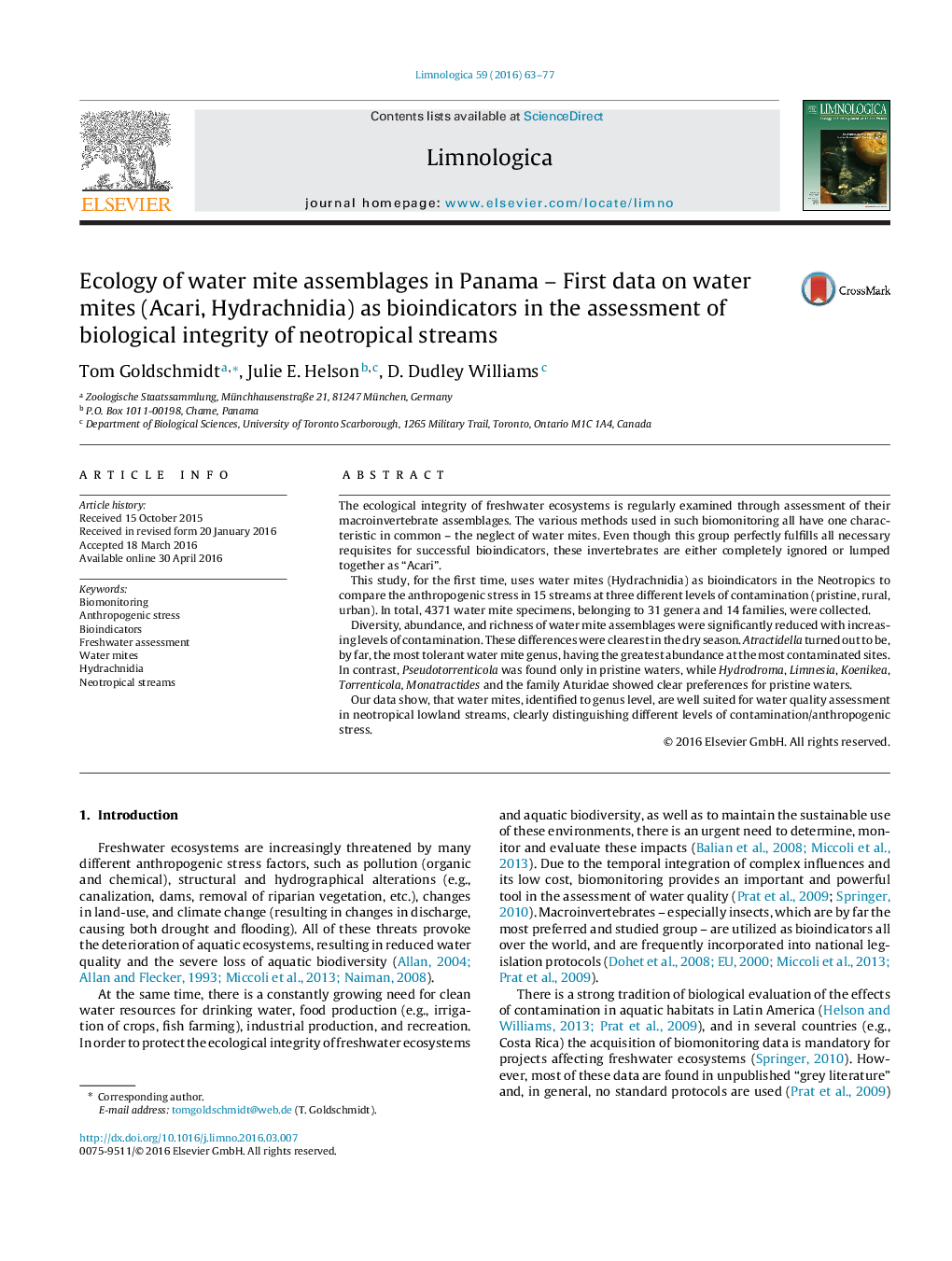 Ecology of water mite assemblages in Panama - First data on water mites (Acari, Hydrachnidia) as bioindicators in the assessment of biological integrity of neotropical streams