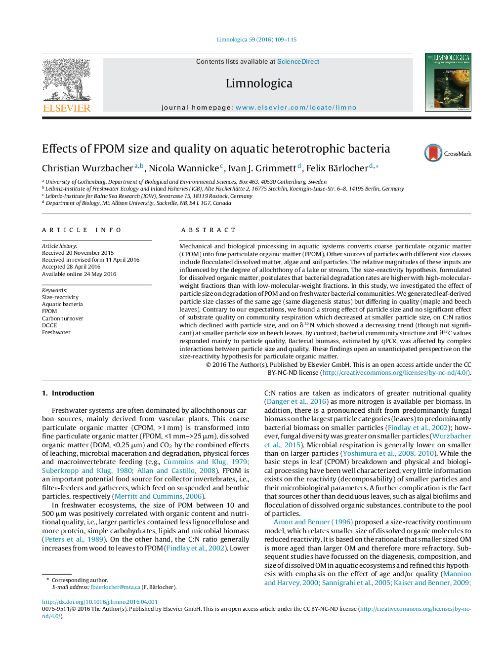 Effects of FPOM size and quality on aquatic heterotrophic bacteria