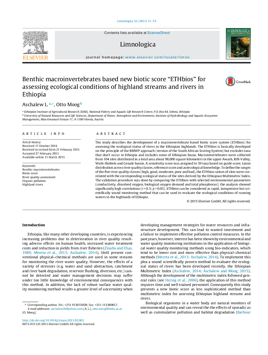 Benthic macroinvertebrates based new biotic score “ETHbios” for assessing ecological conditions of highland streams and rivers in Ethiopia