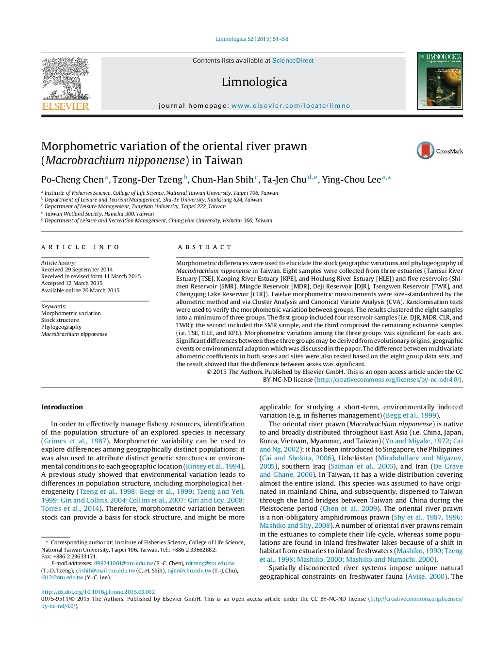 Morphometric variation of the oriental river prawn (Macrobrachium nipponense) in Taiwan