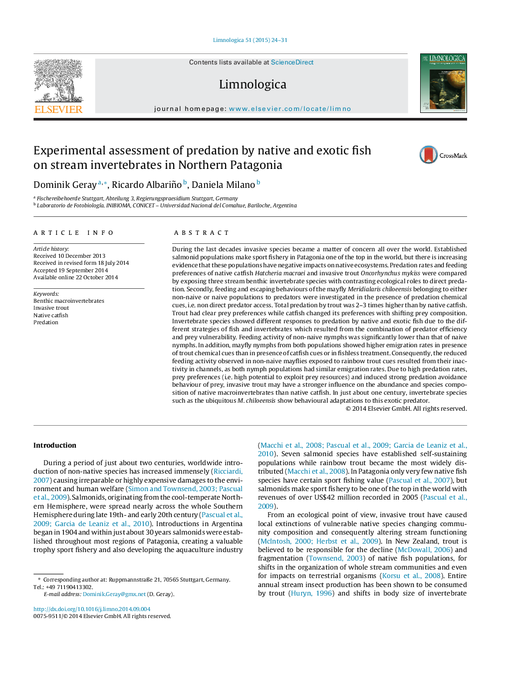 Experimental assessment of predation by native and exotic fish on stream invertebrates in Northern Patagonia