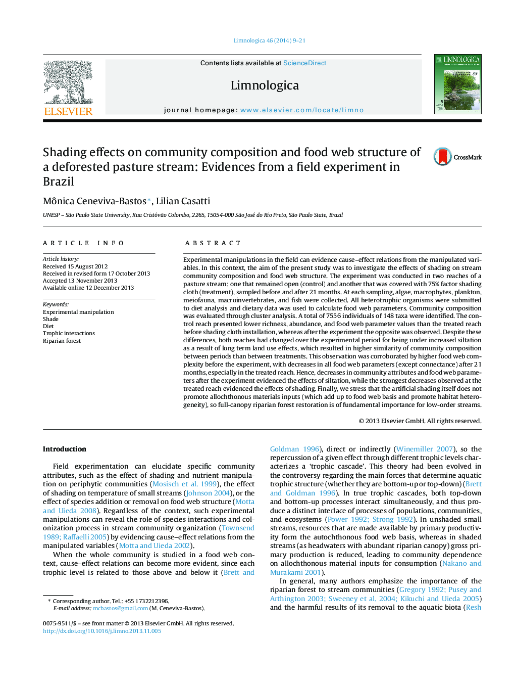 اثرات سایه دار بر ترکیب جامعه و ساختار وب غذای یک جریان انبار شده جنگل: شواهدی از یک آزمایش میدانی در برزیل 