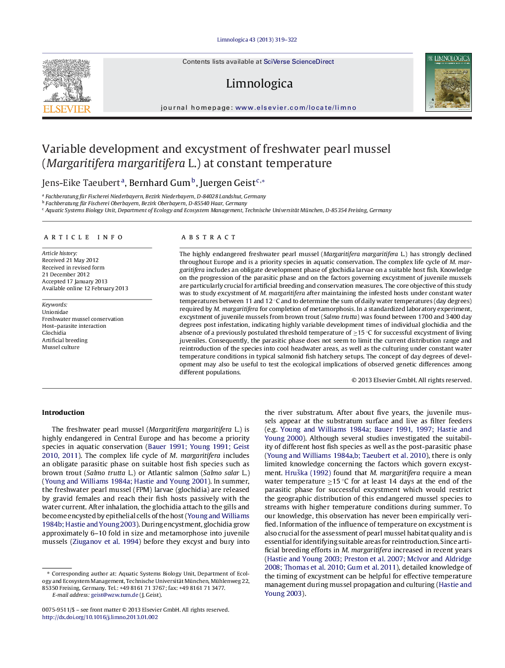 Variable development and excystment of freshwater pearl mussel (Margaritifera margaritifera L.) at constant temperature