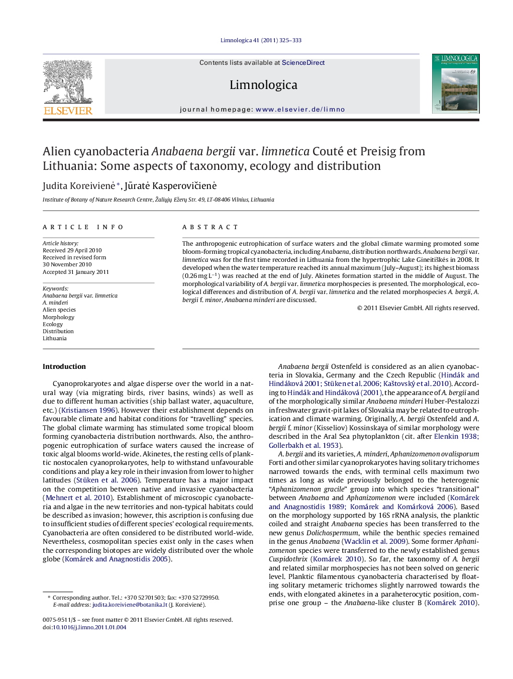 Alien cyanobacteria Anabaena bergii var. limnetica Couté et Preisig from Lithuania: Some aspects of taxonomy, ecology and distribution