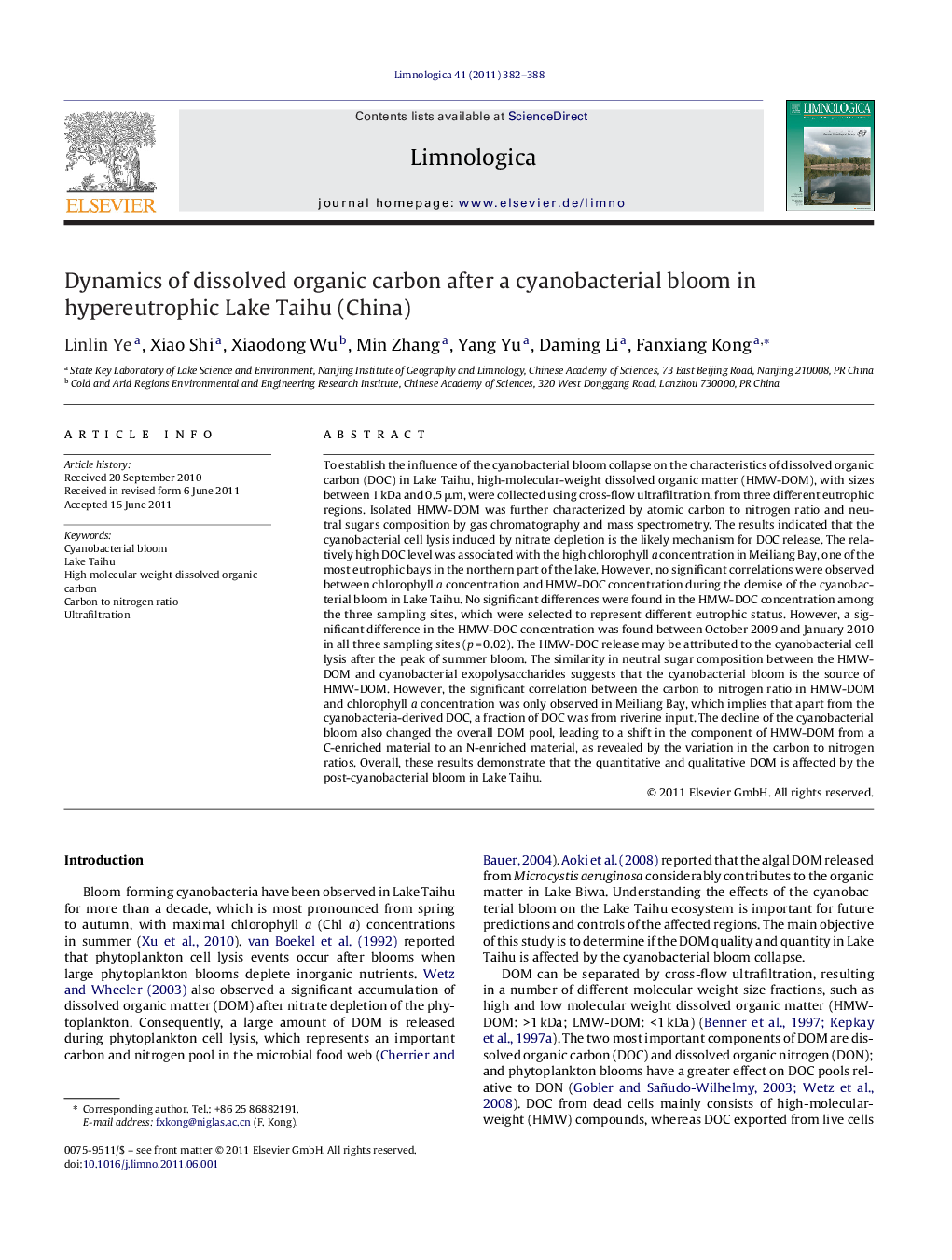 Dynamics of dissolved organic carbon after a cyanobacterial bloom in hypereutrophic Lake Taihu (China)