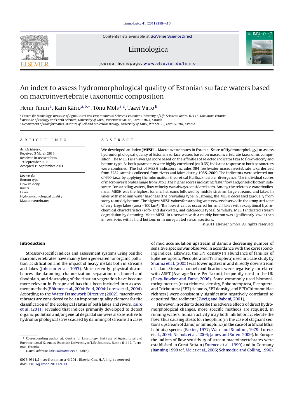 An index to assess hydromorphological quality of Estonian surface waters based on macroinvertebrate taxonomic composition