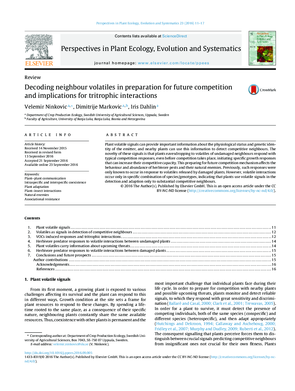 ReviewDecoding neighbour volatiles in preparation for future competition and implications for tritrophic interactions