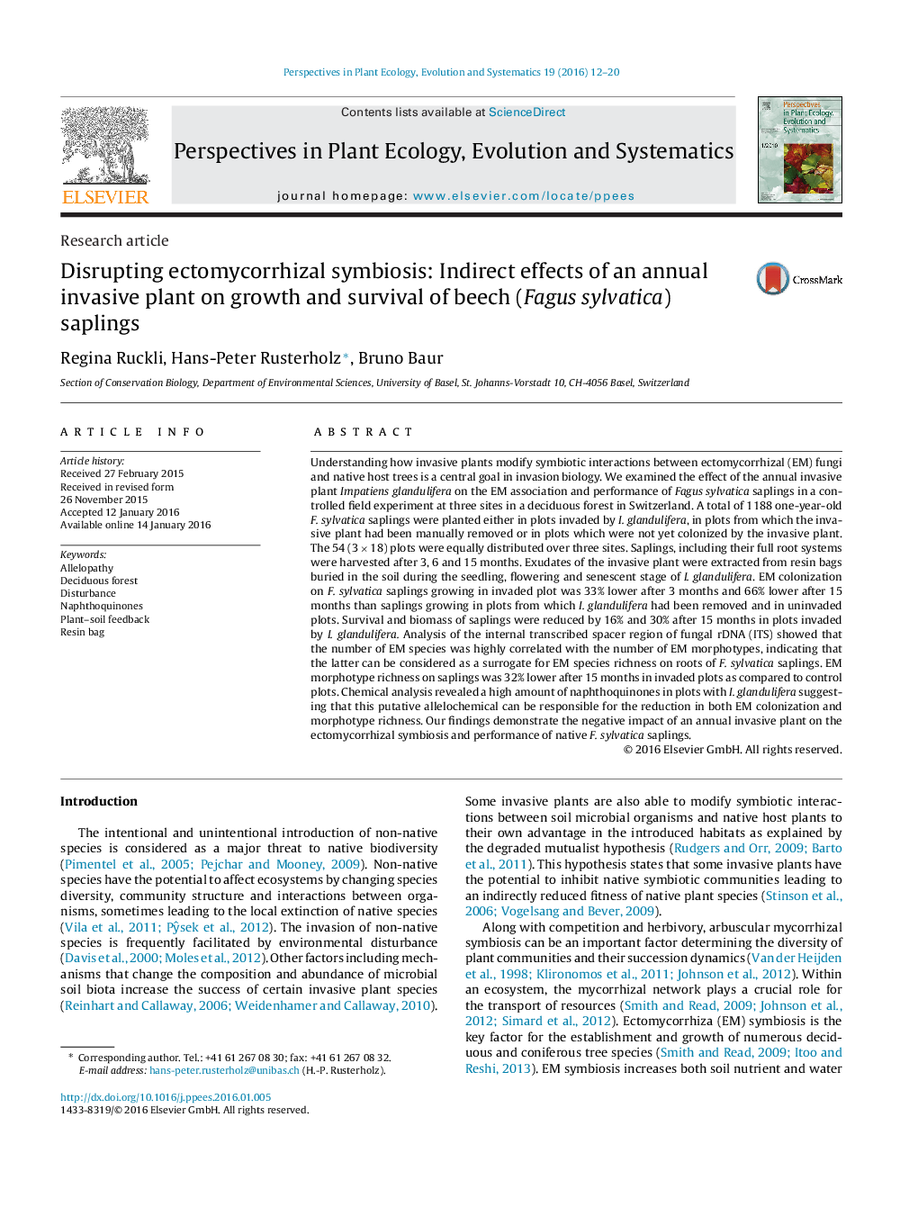 Research articleDisrupting ectomycorrhizal symbiosis: Indirect effects of an annual invasive plant on growth and survival of beech (Fagus sylvatica) saplings