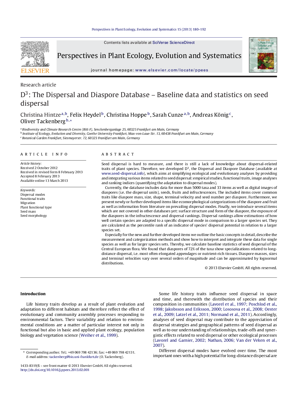 D3: The Dispersal and Diaspore Database - Baseline data and statistics on seed dispersal