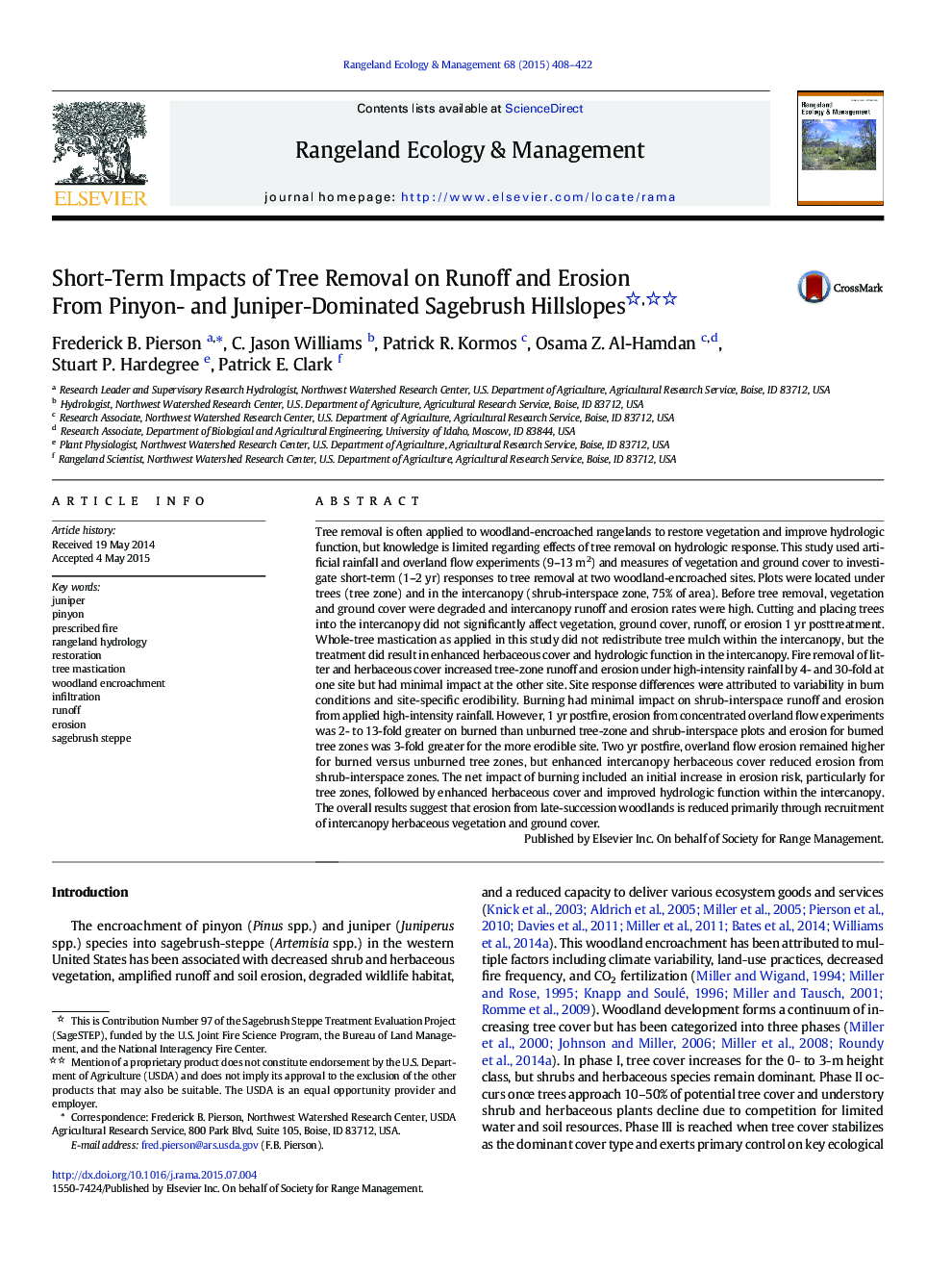 Short-Term Impacts of Tree Removal on Runoff and Erosion From Pinyon- and Juniper-Dominated Sagebrush Hillslopes