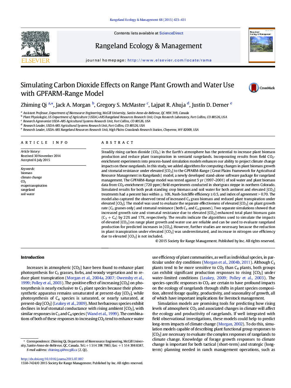 Simulating Carbon Dioxide Effects on Range Plant Growth and Water Use with GPFARM-Range Model