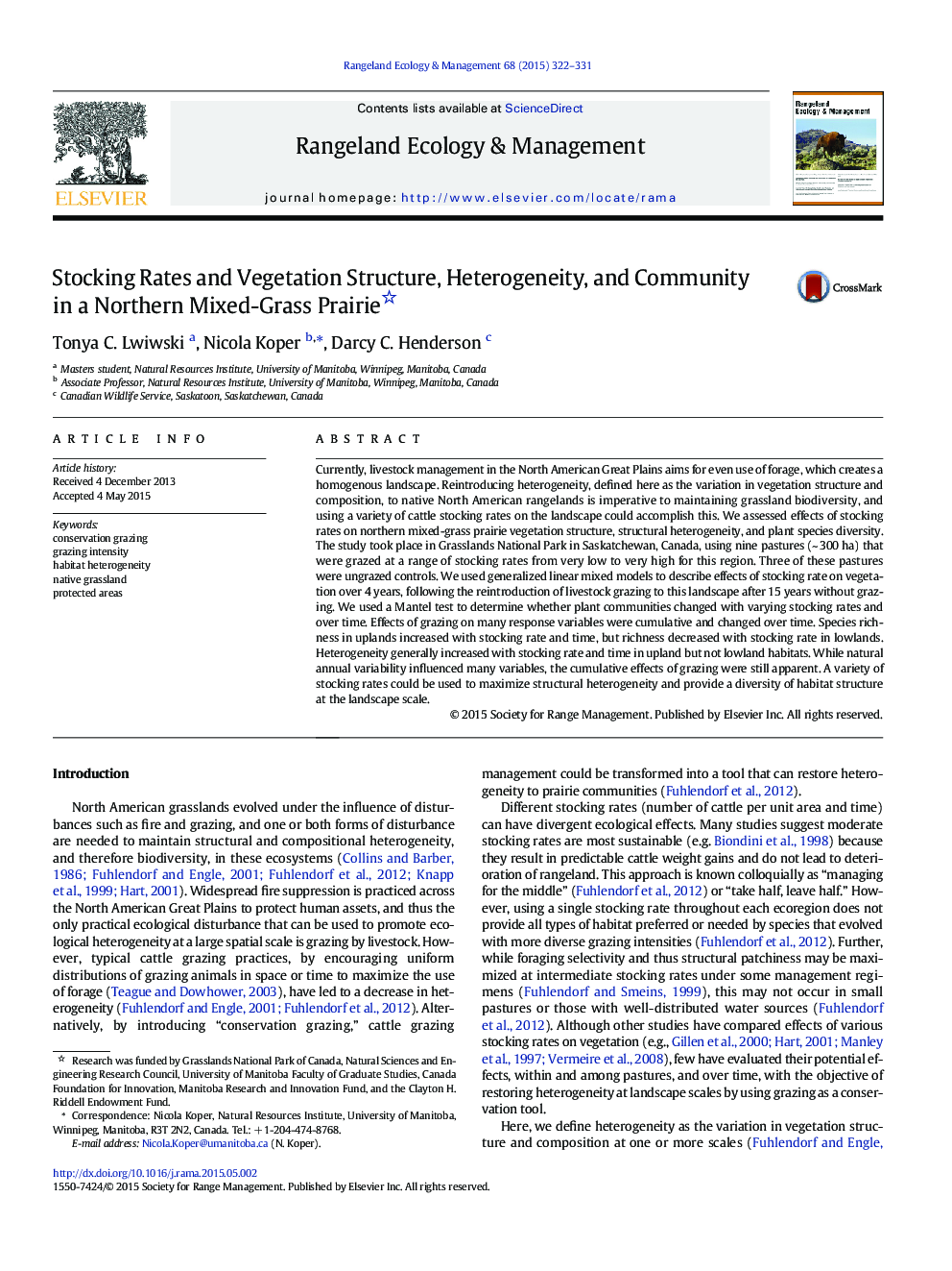 Stocking Rates and Vegetation Structure, Heterogeneity, and Community in a Northern Mixed-Grass Prairie