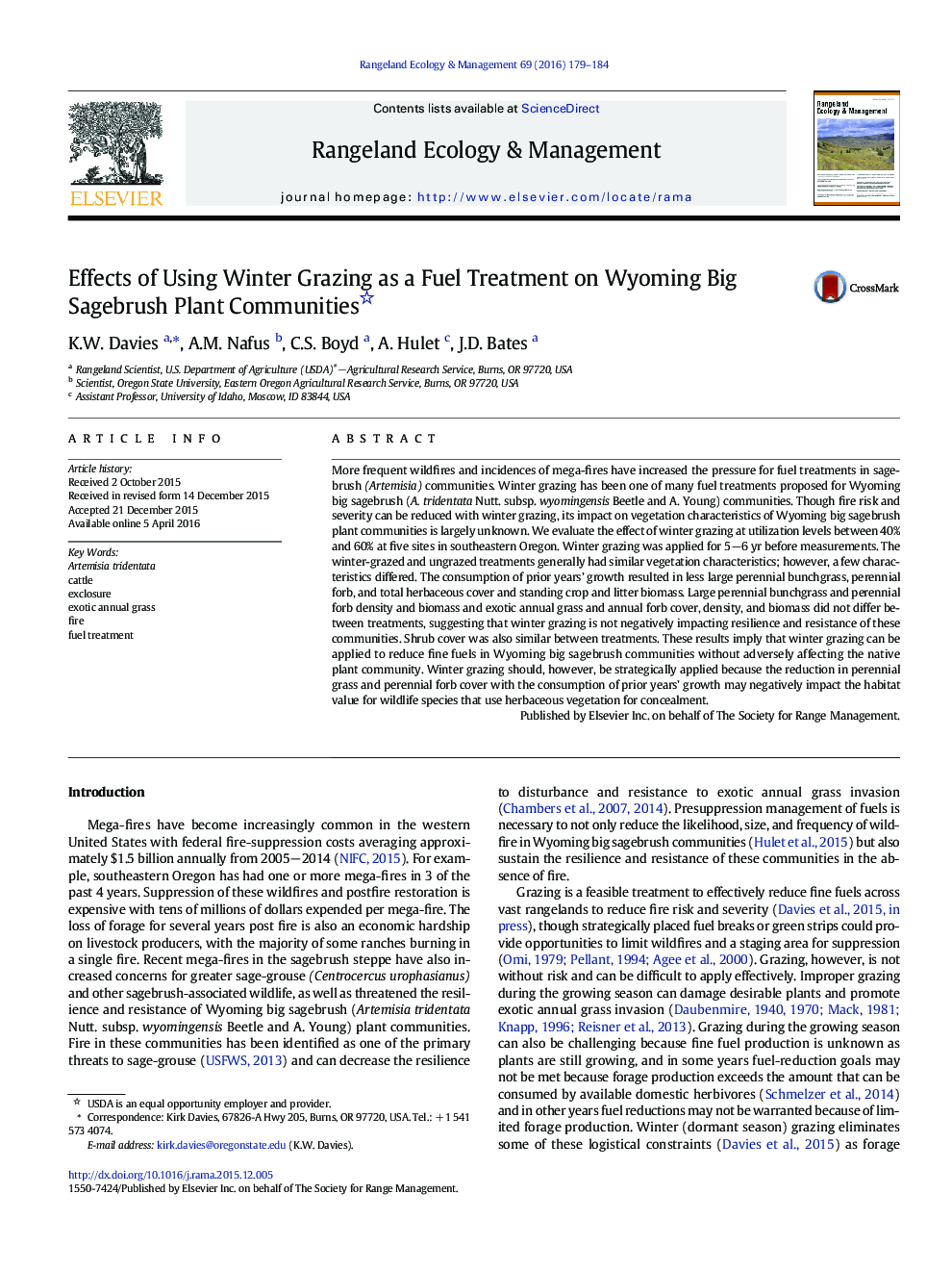 Effects of Using Winter Grazing as a Fuel Treatment on Wyoming Big Sagebrush Plant Communities