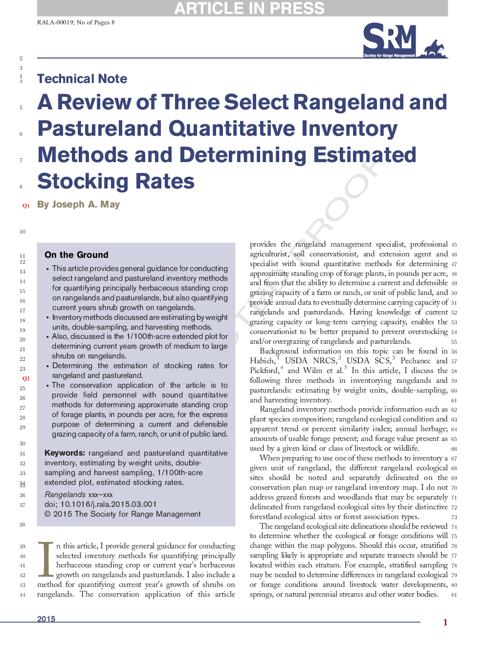 A Review of Three Select Rangeland and Pastureland Quantitative Inventory Methods and Determining Estimated Stocking Rates