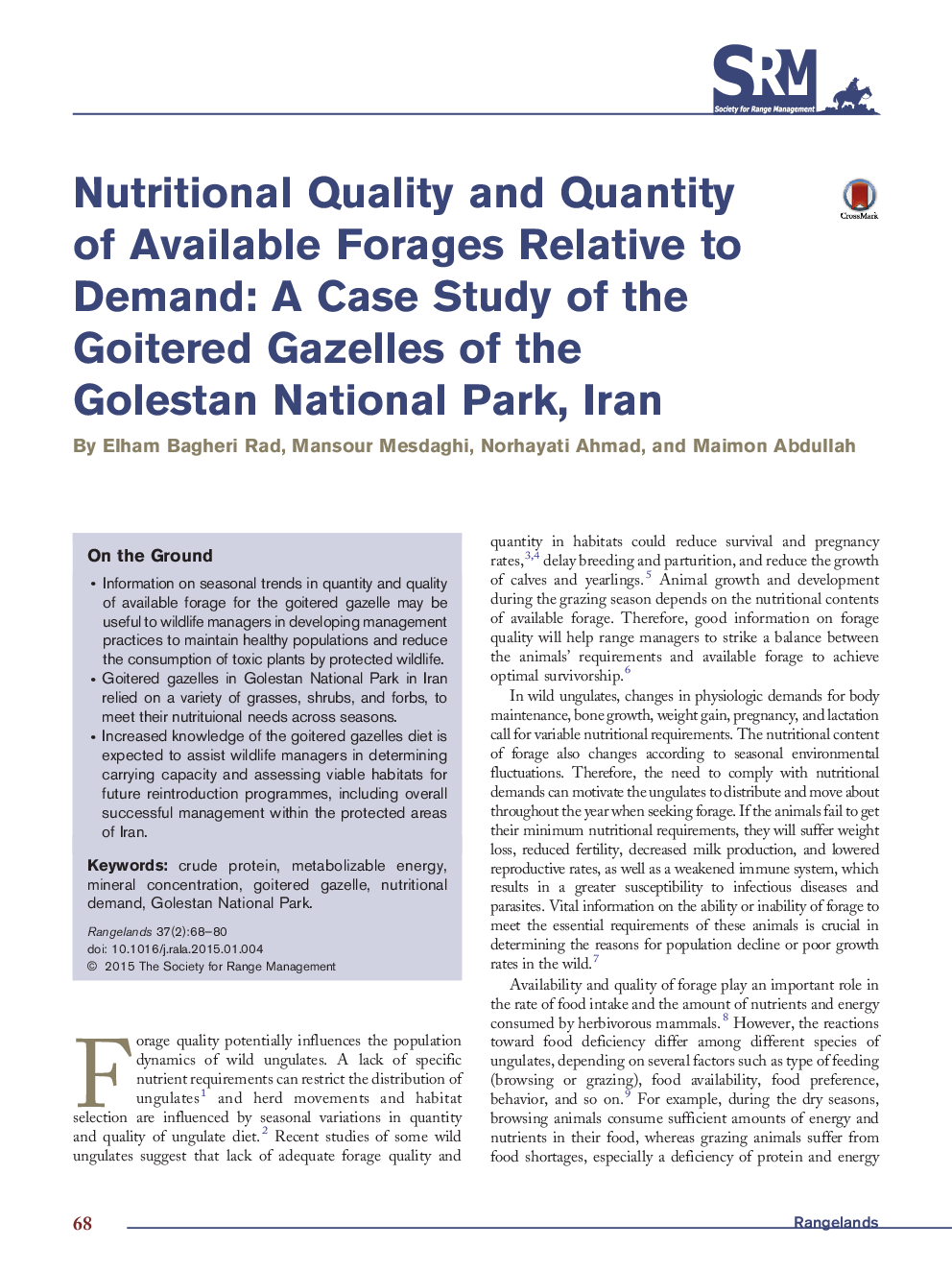 Nutritional Quality and Quantity of Available Forages Relative to Demand: A Case Study of the Goitered Gazelles of the Golestan National Park, Iran