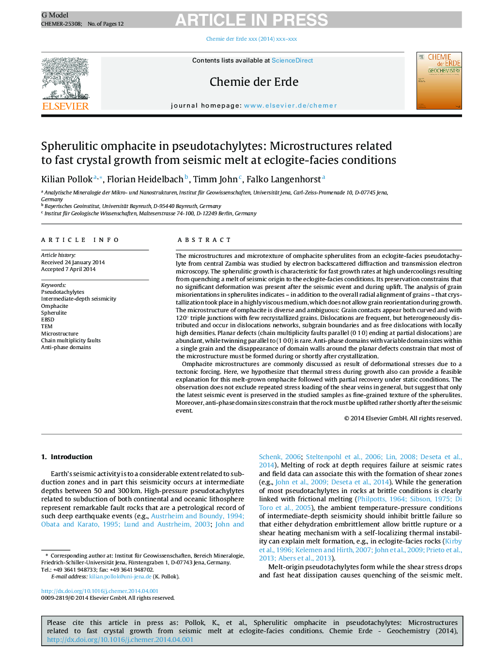 Spherulitic omphacite in pseudotachylytes: Microstructures related to fast crystal growth from seismic melt at eclogite-facies conditions