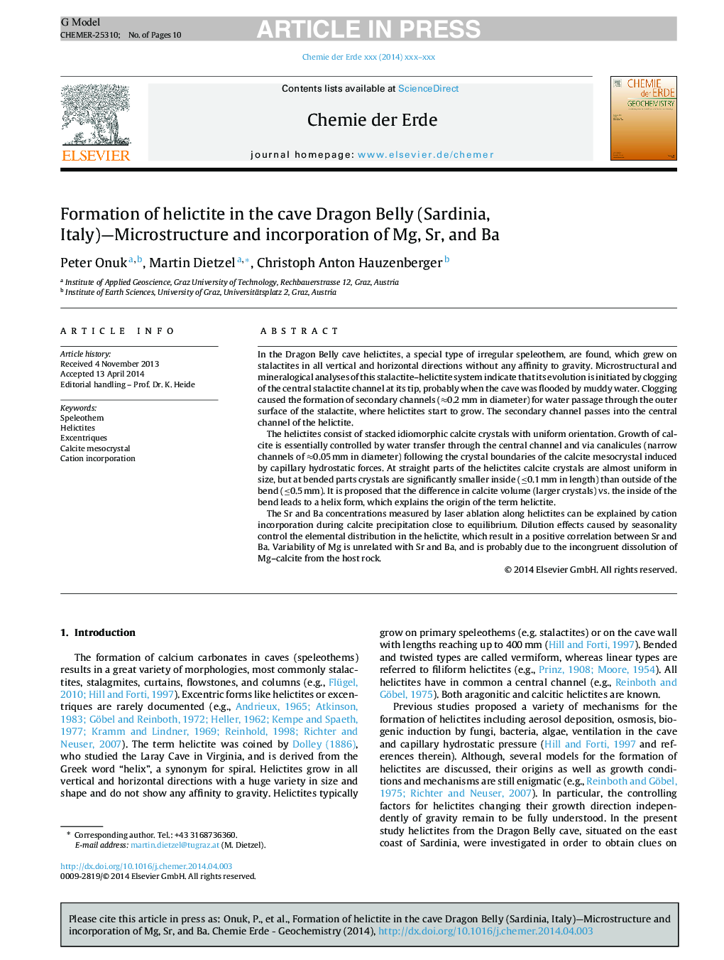 Formation of helictite in the cave Dragon Belly (Sardinia, Italy)-Microstructure and incorporation of Mg, Sr, and Ba