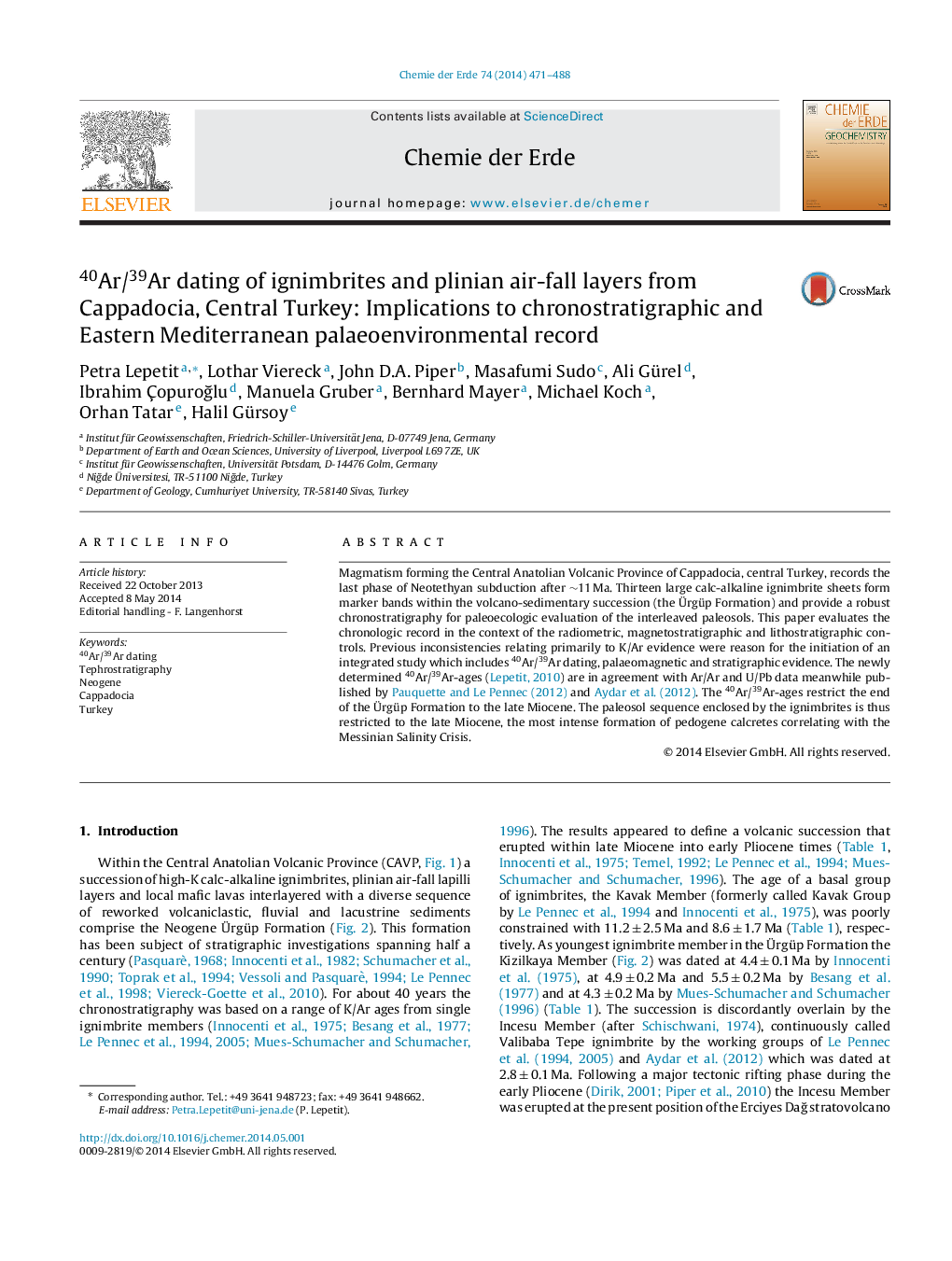 40Ar/39Ar dating of ignimbrites and plinian air-fall layers from Cappadocia, Central Turkey: Implications to chronostratigraphic and Eastern Mediterranean palaeoenvironmental record