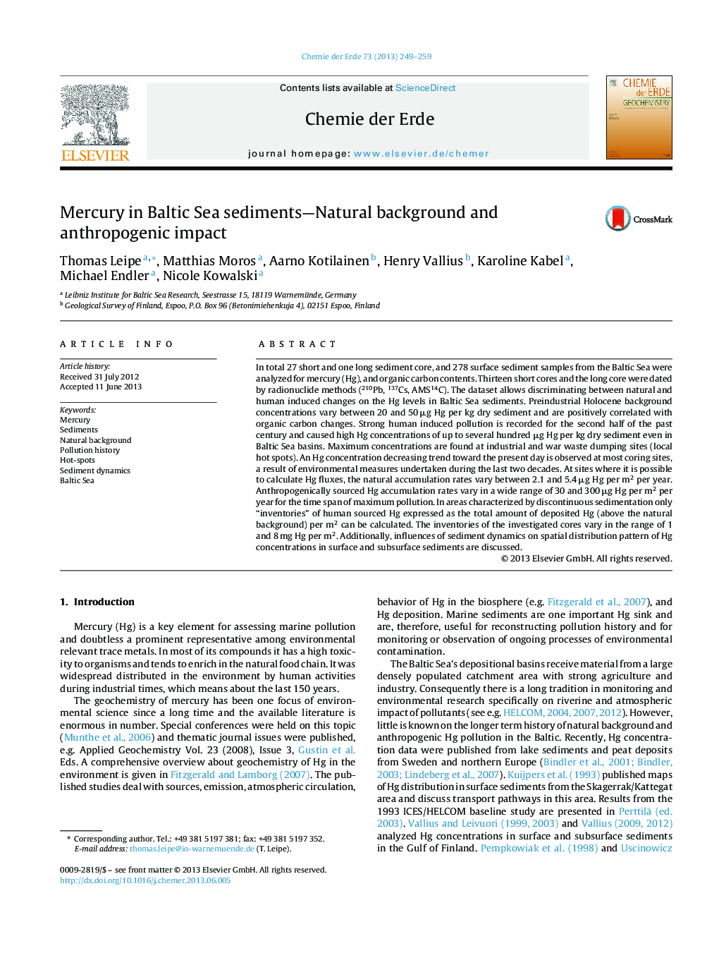 Mercury in Baltic Sea sediments-Natural background and anthropogenic impact