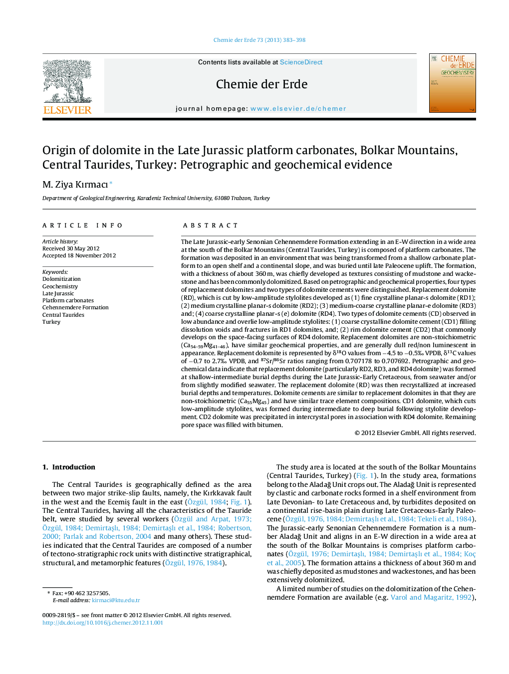 Origin of dolomite in the Late Jurassic platform carbonates, Bolkar Mountains, Central Taurides, Turkey: Petrographic and geochemical evidence