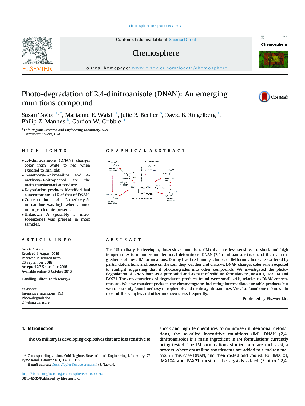 Photo-degradation of 2,4-dinitroanisole (DNAN): An emerging munitions compound