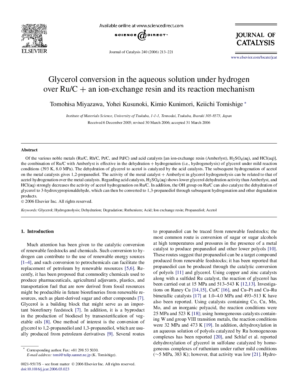 Glycerol conversion in the aqueous solution under hydrogen over Ru/C + an ion-exchange resin and its reaction mechanism