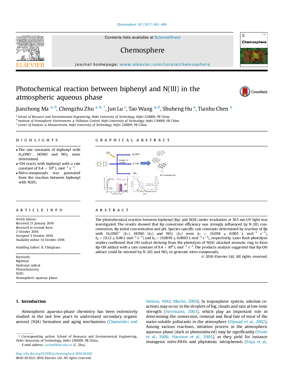 Photochemical reaction between biphenyl and N(III) in the atmospheric aqueous phase