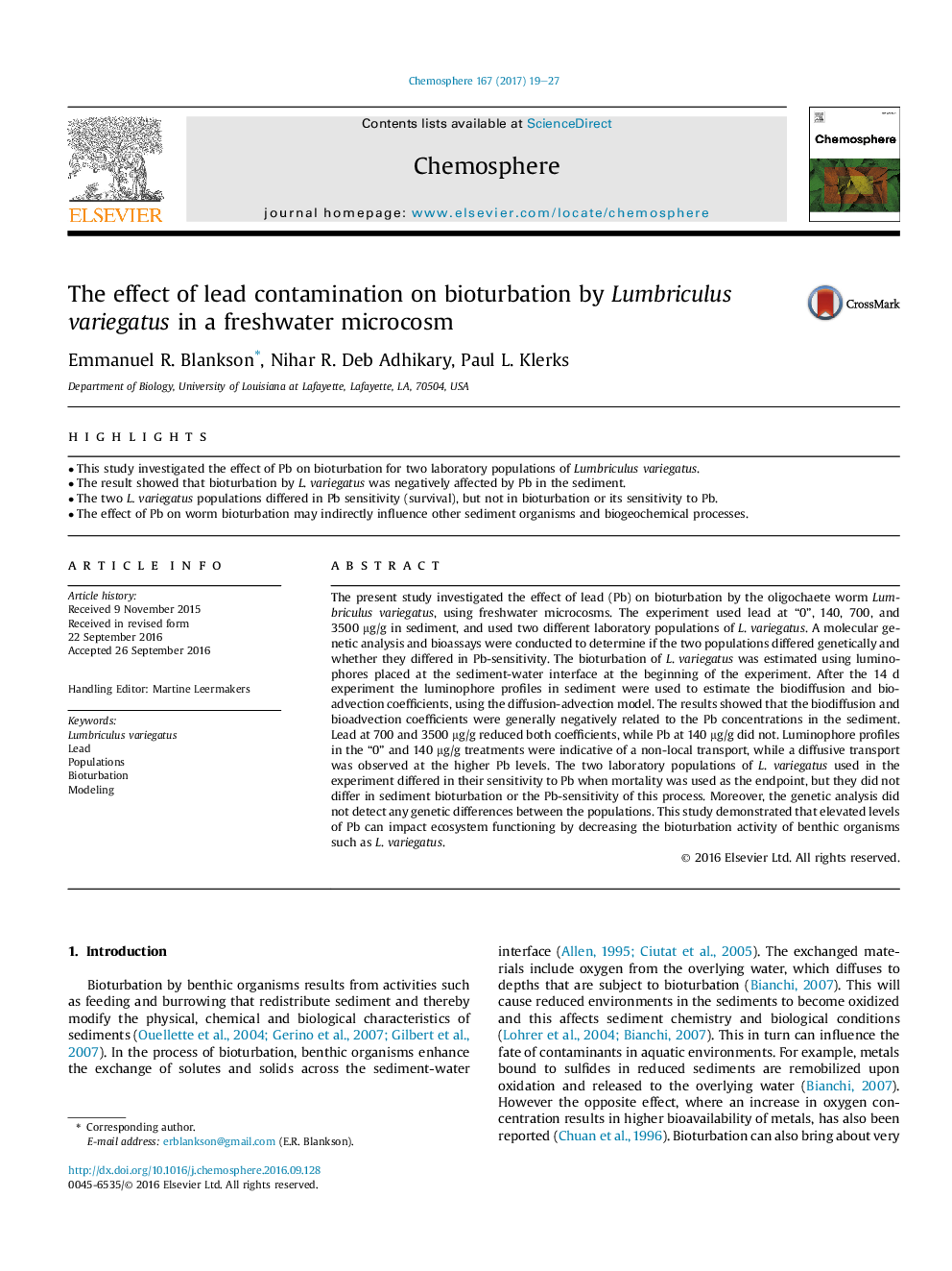 The effect of lead contamination on bioturbation by Lumbriculus variegatus in a freshwater microcosm