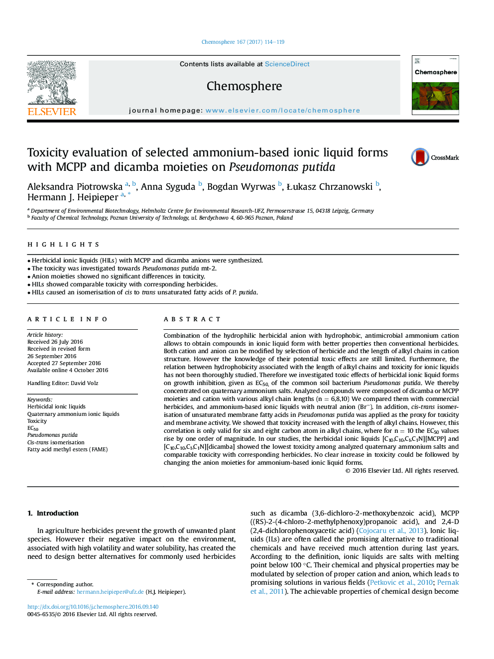 Toxicity evaluation of selected ammonium-based ionic liquid forms with MCPP and dicamba moieties on Pseudomonas putida