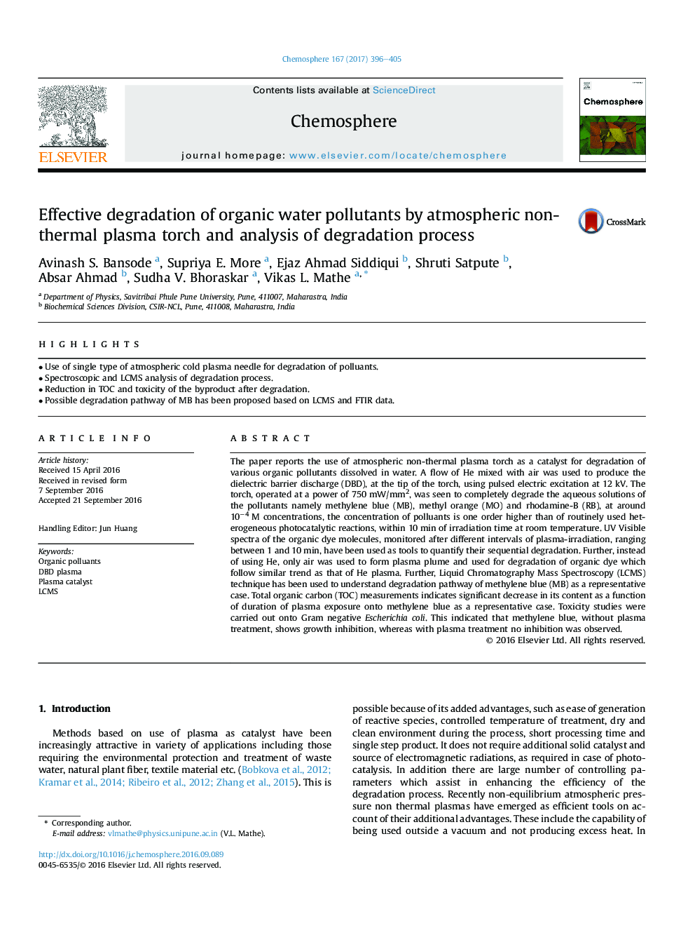 Effective degradation of organic water pollutants by atmospheric non-thermal plasma torch and analysis of degradation process