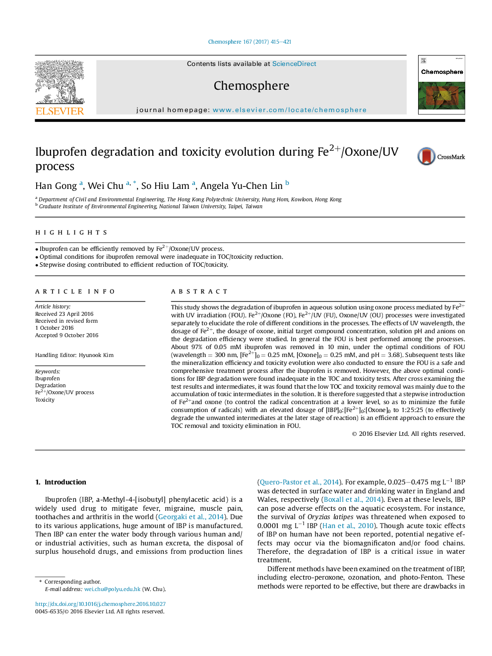 Ibuprofen degradation and toxicity evolution during Fe2+/Oxone/UV process