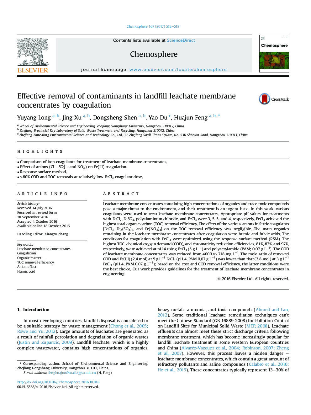 Effective removal of contaminants in landfill leachate membrane concentrates by coagulation