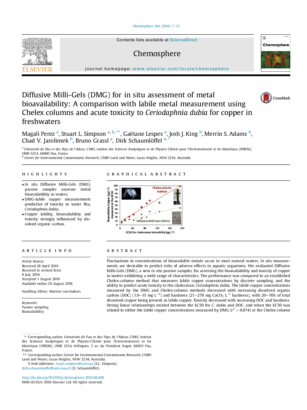 Diffusive Milli-Gels (DMG) for in situ assessment of metal bioavailability: A comparison with labile metal measurement using Chelex columns and acute toxicity to Ceriodaphnia dubia for copper in freshwaters