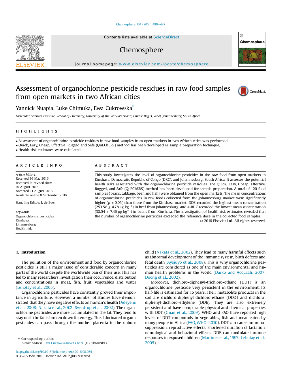 Assessment of organochlorine pesticide residues in raw food samples from open markets in two African cities