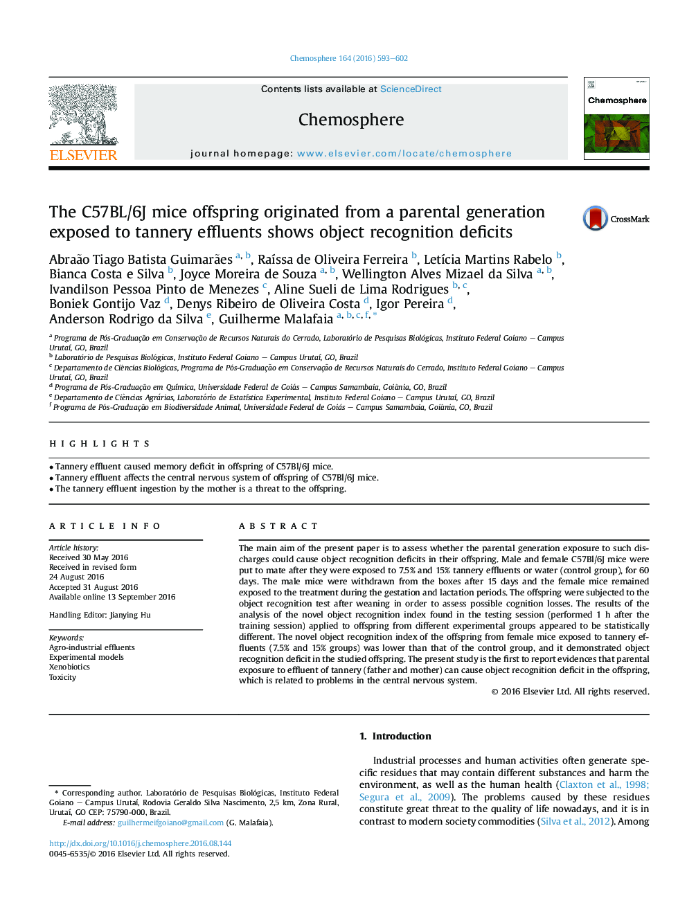 The C57BL/6J mice offspring originated from a parental generation exposed to tannery effluents shows object recognition deficits