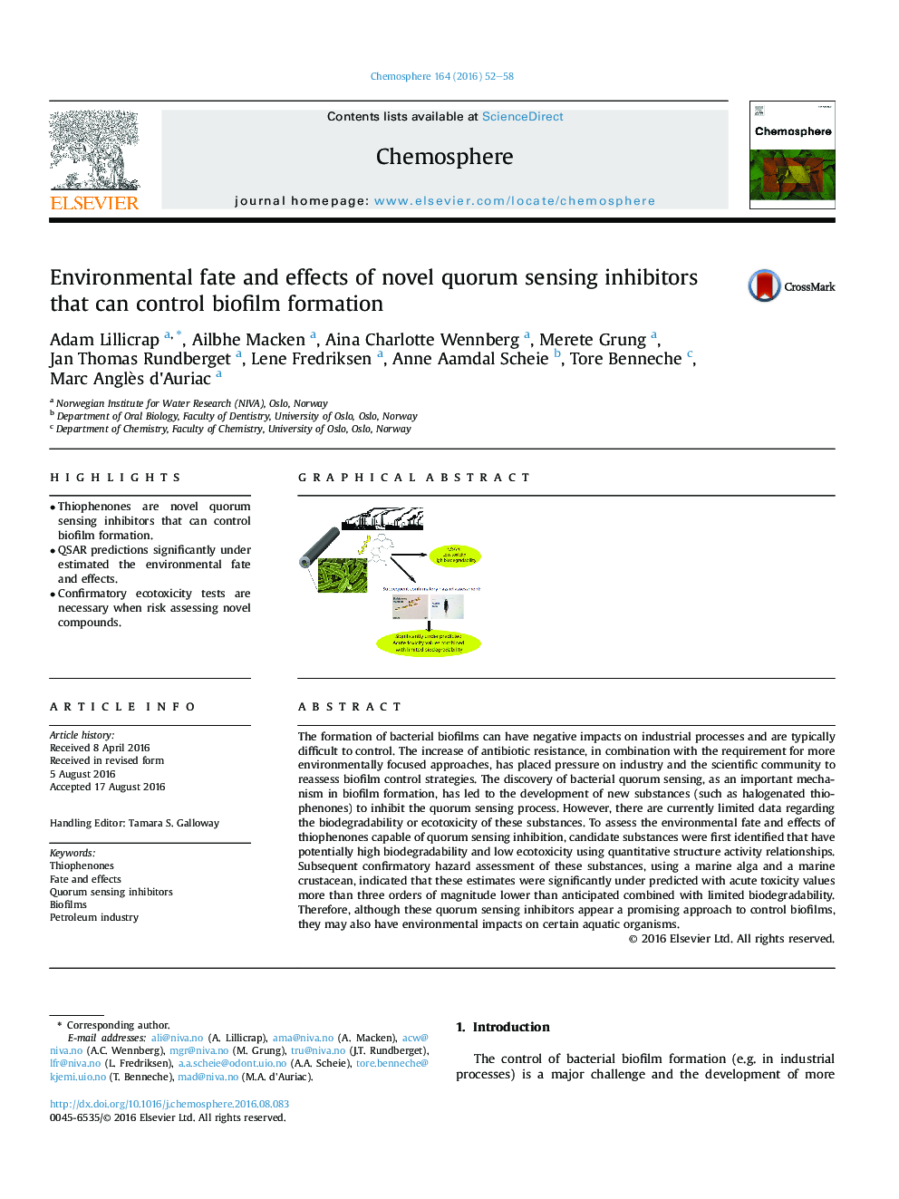 Environmental fate and effects of novel quorum sensing inhibitors that can control biofilm formation