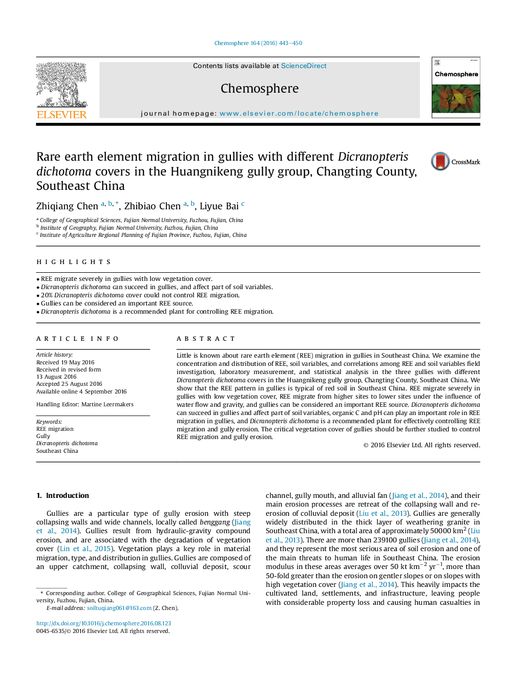 Rare earth element migration in gullies with different Dicranopteris dichotoma covers in the Huangnikeng gully group, Changting County, Southeast China