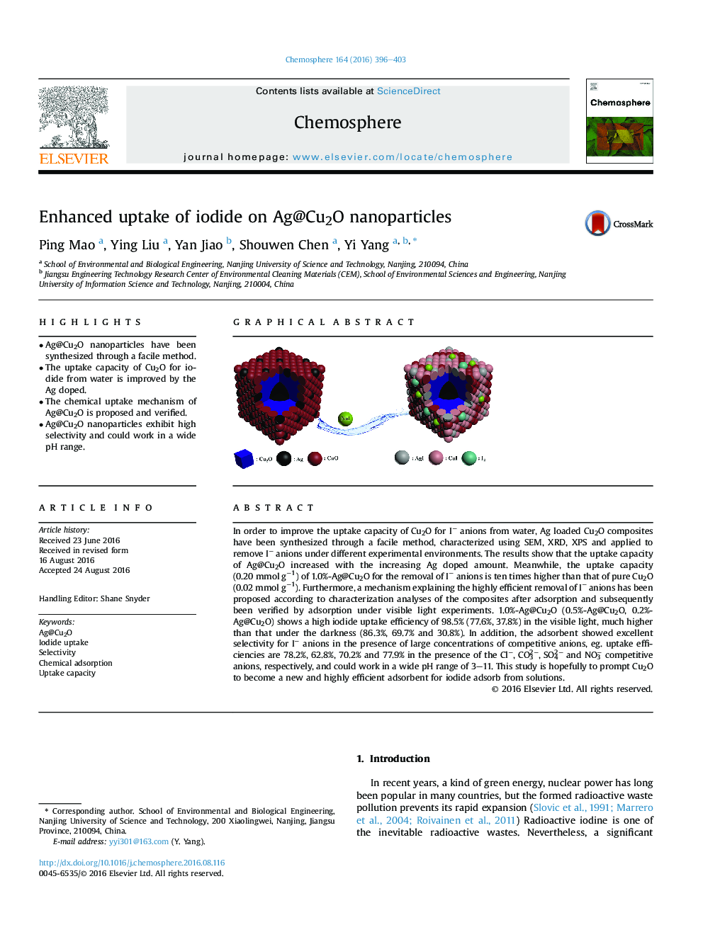 Enhanced uptake of iodide on Ag@Cu2O nanoparticles