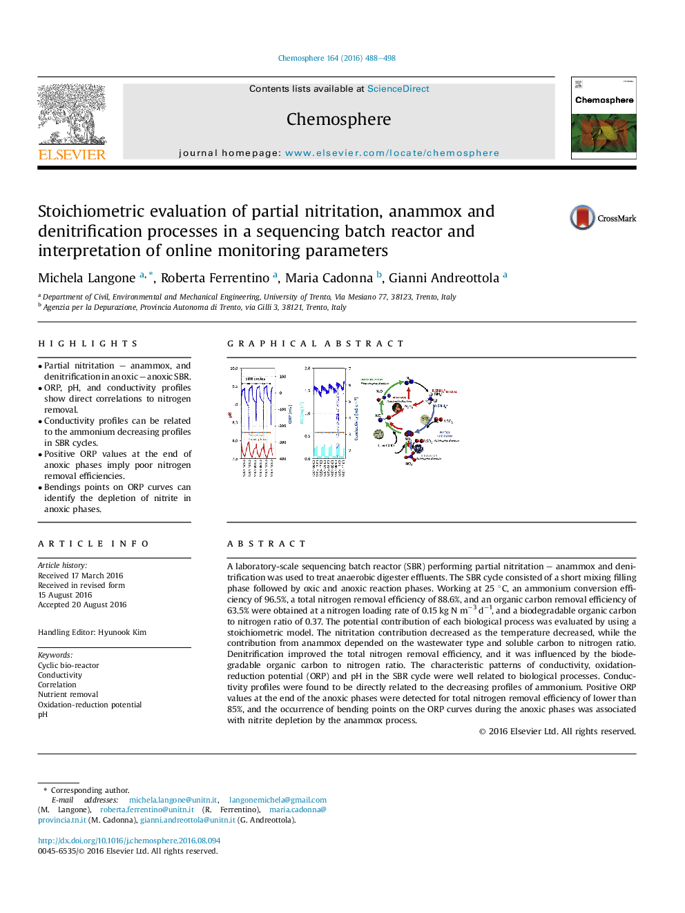 Stoichiometric evaluation of partial nitritation, anammox and denitrification processes in a sequencing batch reactor and interpretation of online monitoring parameters