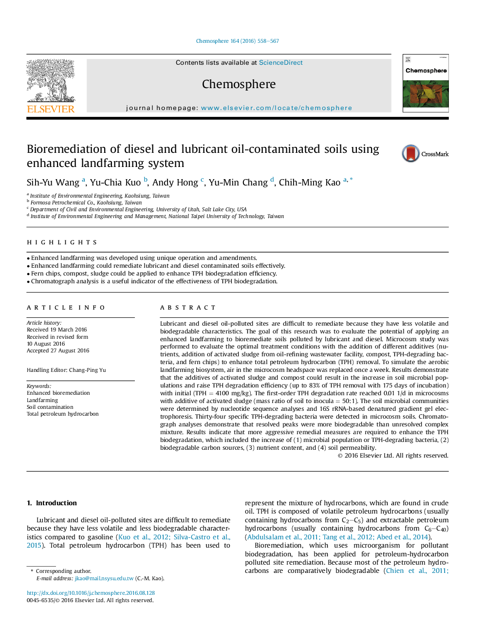 Bioremediation of diesel and lubricant oil-contaminated soils using enhanced landfarming system