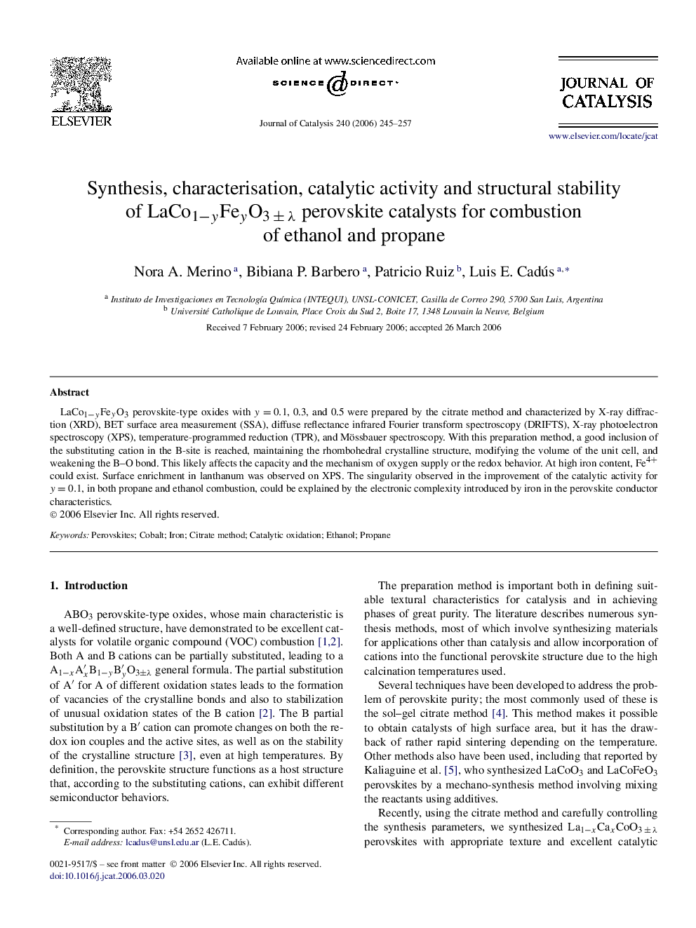 Synthesis, characterisation, catalytic activity and structural stability of LaCo1−yFeyO3±λ perovskite catalysts for combustion of ethanol and propane