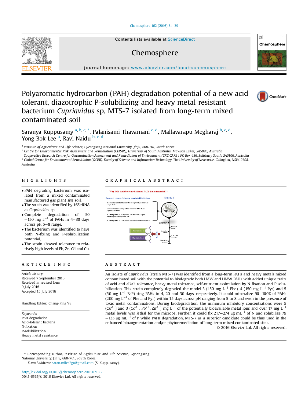 Polyaromatic hydrocarbon (PAH) degradation potential of a new acid tolerant, diazotrophic P-solubilizing and heavy metal resistant bacterium Cupriavidus sp. MTS-7 isolated from long-term mixed contaminated soil