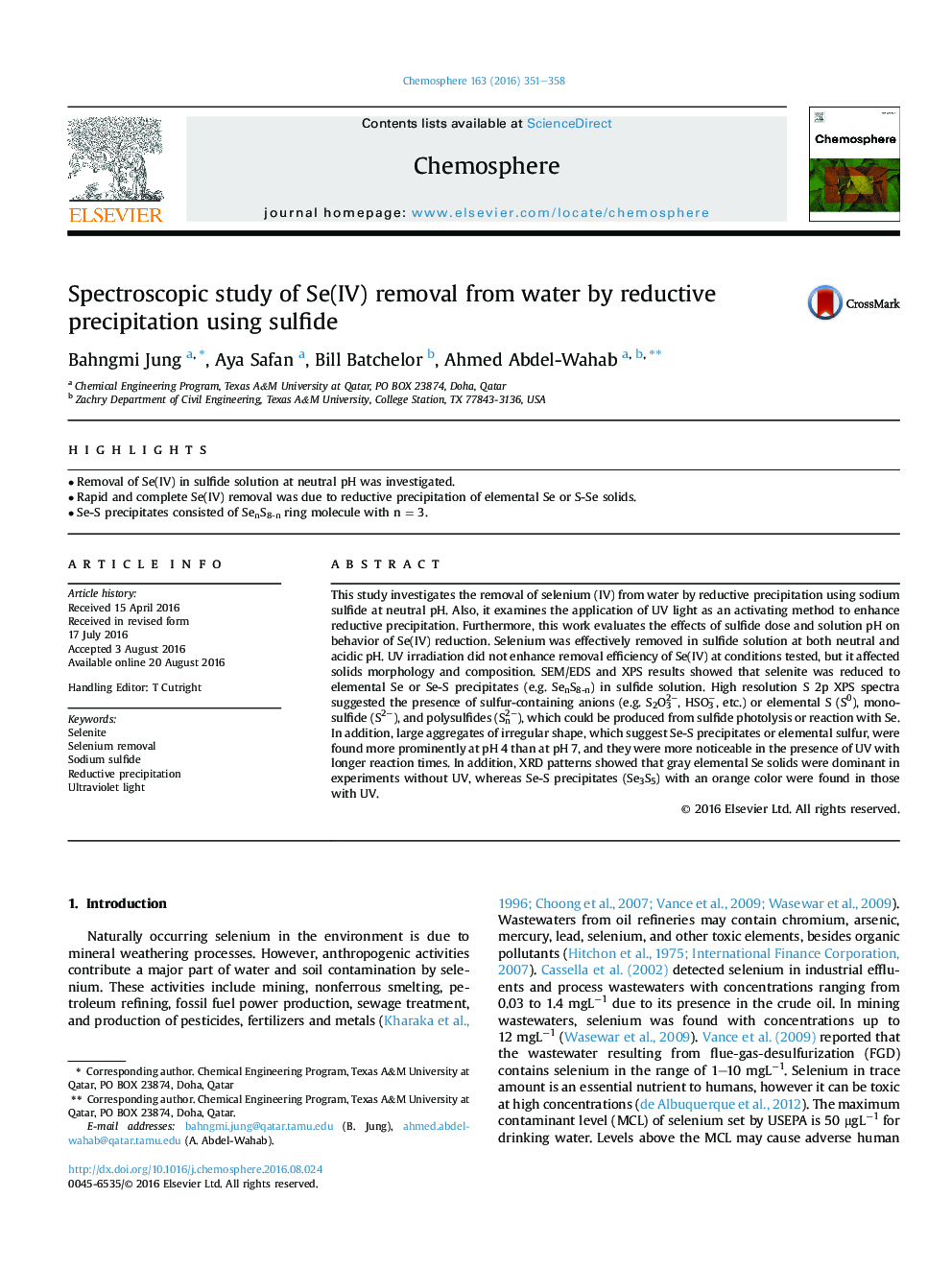 Spectroscopic study of Se(IV) removal from water by reductive precipitation using sulfide